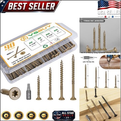 Complete Bronze Coated Deck Screws Set - 90 Pcs with T25 Star Bit, 1-1/2''-3''