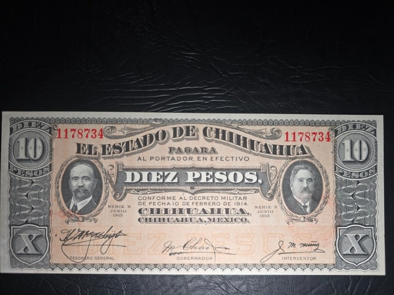 Mexico 10 Pesos, 1915 P-S535a Serie N El Estado De Chihuahua Banknote UNC