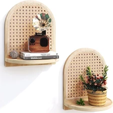 Boho Rattan Wall Shelves Floating Mini Shelf Storage for Small Plants &