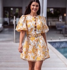 Zimmermann Postcard Dress Size 0 AU 8/US 4 Belt Mini Swirl Floral Linen Yellow