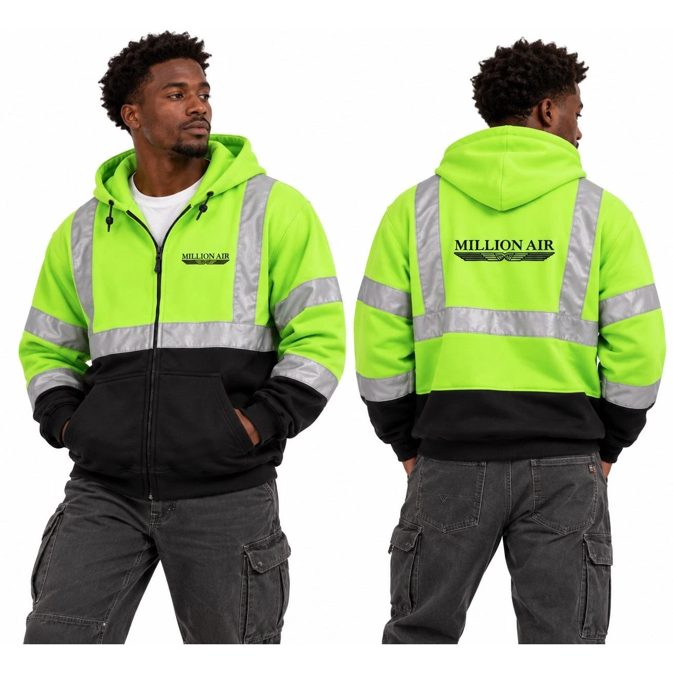 Million Air Hi Vis Reflective Hoodie L Neon Green Streetwear Utility Workwear - product detail image 1