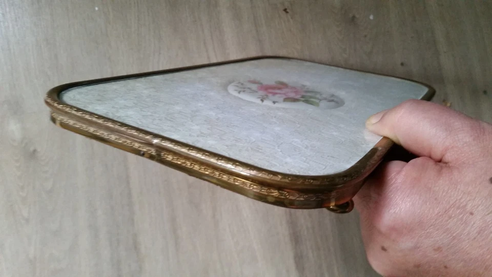 Messing Glas Tablett Kugelfüße Stickereien Porzellan Rosen Ornament 32x19,5cm - Bild 2 von 4