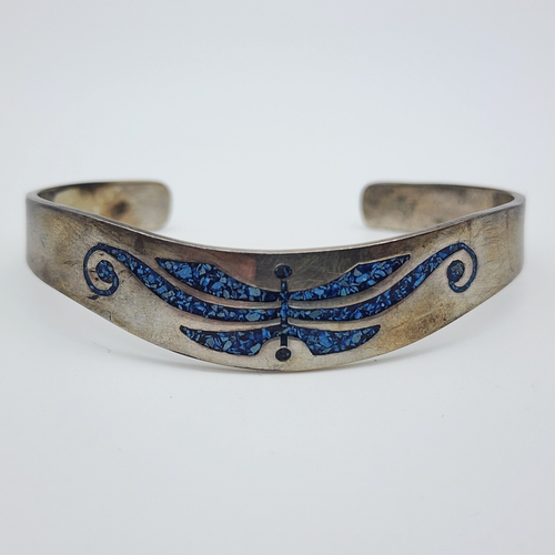 Vintage Mexiko Taxco - Schmetterling Chip Inlay - Sterlingsilber Manschette Armreif 6,4"