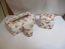 Vintage Tissue Box Cover Cup Jar Pink Floral Porcelain Portugal Pereiras 3 Piec