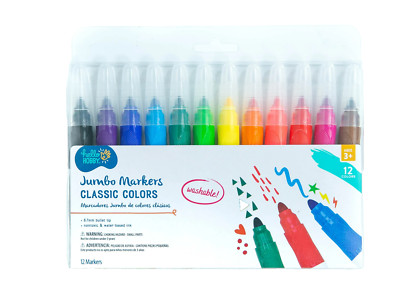 Hello Hobby Washable Jumbo Markers, Classic Colors, 12Pcs, Bullet Tip #40134 NEW
