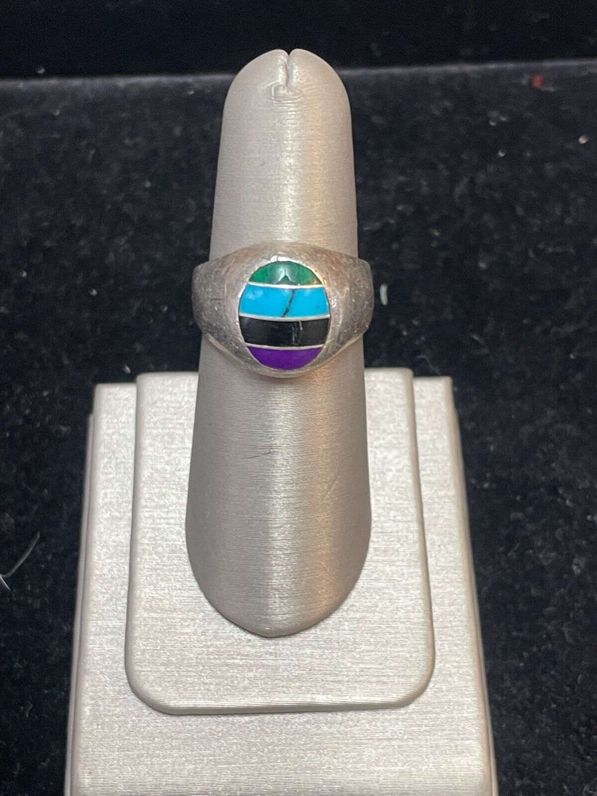 Mexican Sterling Silver Multi Color Inlay Ring Si… - image 1