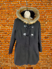 Womens Yumi Uk 16 Black Faux Fur Hooded Wool Style Duffel Coat Jacket Overcoat