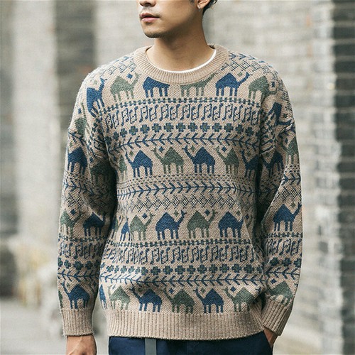 Men Knitted Jumper Winter Warm Print 