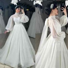 Organza Wedding Dresses Long Puffy Sleeves High Neck Sweep Train Bridal Gowns
