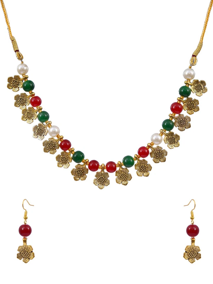 Conjunto de joyas del sur de la India collar nupcial de boda multicolor chapado en oro para mujer Foto 2 de 3