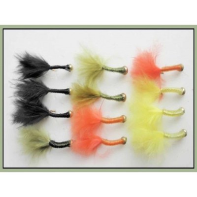 Buzzer Forellenfliegen, 12 Kupferdraht, Marabuschwänze, gelb, schwarz, oliv & orange