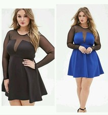 FOREVER 21+ PLUS SIZES Black/Blue Mesh-Paneled Fit & Flare Skater Dress XL1X