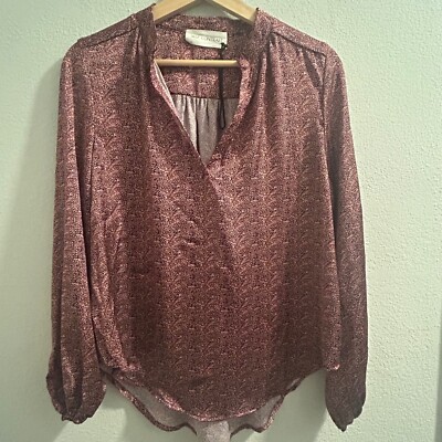 Self Contrast Blouse Long Sleeve V-Neck Floral Print Top Small