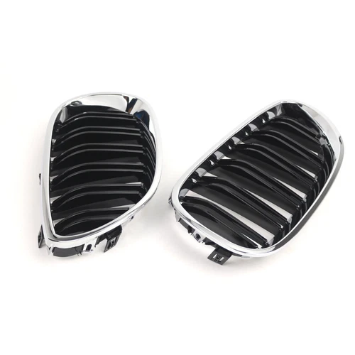 For BMW E60 E61 2003-2010 2Pcs ABS Chrome+Black Dual Slat Front Bumper Grilles - Picture 3 of 9