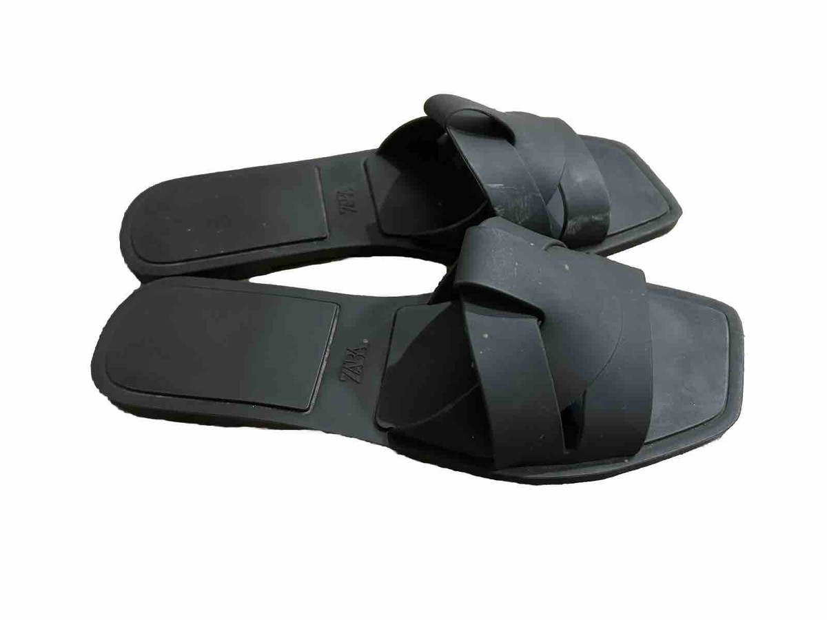 Zara Flat Crossed Strap Slide Sandal Black US EUR 39 Rubberized