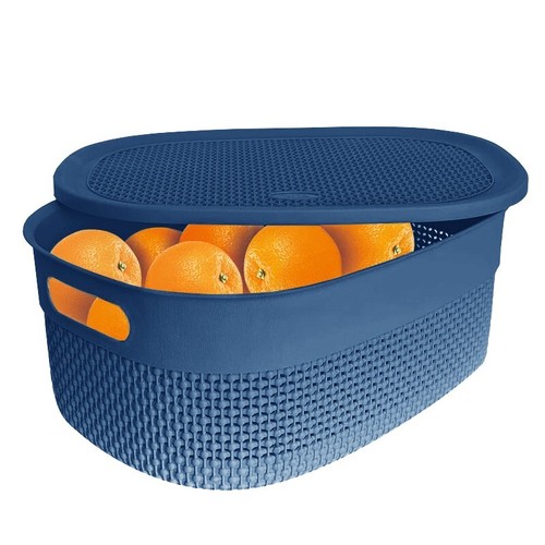 Plastic Storage Basket with Lid 14L Knit Design Home Office Tidy Organiser -Blue - Picture 16 of 16