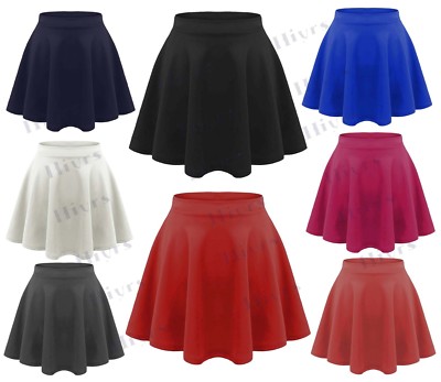 Girls Flared Skirt Children High Waisted Stretch Plain Flippy Skater