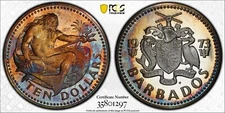 1973 BARBADOS Silver 10 Dollars PCGS Gold Shield PF68DCAM NEPTUNE Rainbow