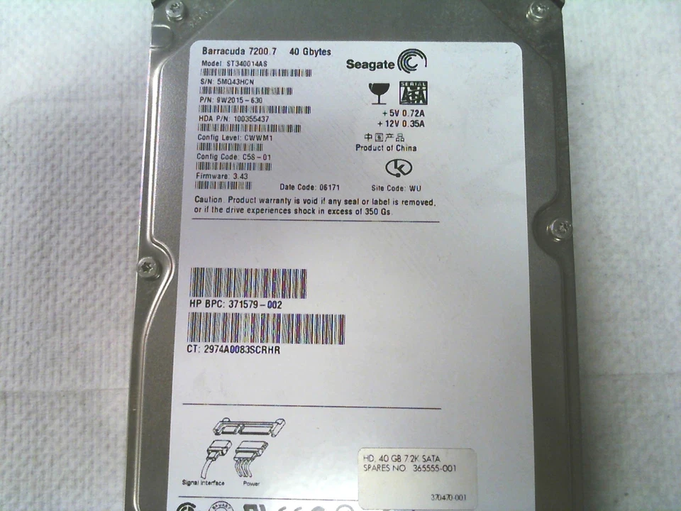 SEAGATE HP 40GB SATA HDD ST340014AS 9W2015-630 371579-002 365555-001 370470-001 - Image 2 of 2