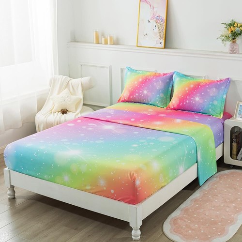 Rainbow Fitted Sheet for Girls 4 Pieces Rainbow Sheets Full for Kids Tie Dye ... - Picture 3 of 9