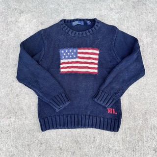 Vintage Polo Ralph Lauren American USA Flag Navy Sweater Youth Size 6 14x18 Knit