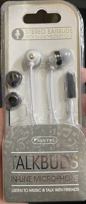 Sentry Talkbuds Stereo In-Ear Earbuds White Mic Tangle-Free Cord 3.5mm Jack