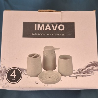 IMAVO 4-Piece Gray Bathroom Accessory Set Soap Dispenser Tumbler Toothbrush Dish