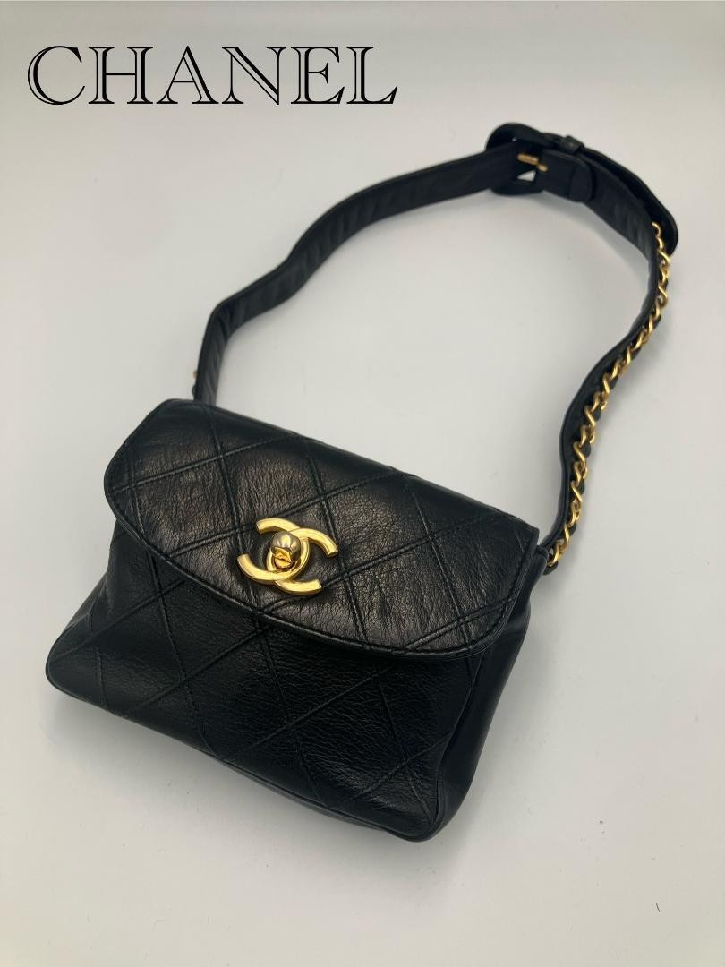 CHANEL W Stitch Bicolor Coco Mark Turn Lock Waist Bag Black White