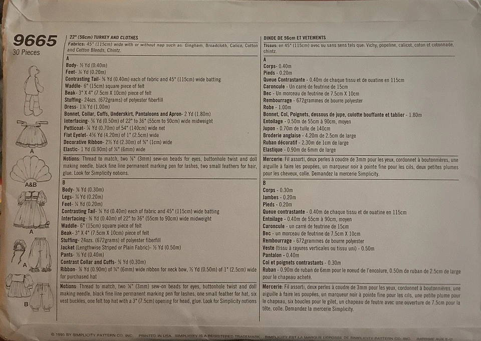 Sewing Pattern #9665 Craft Stuffed Turkey Doll And Clothes 22” Factory Fold - Image 3 of 3