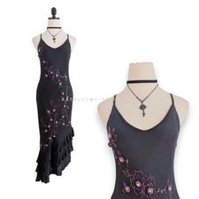 Vintage Prom Dress Silk Maxi Gown 8 Black Pink Fairy Goth Y2K 90S Ruffle Floral