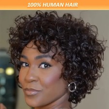 Short Black Curly 100 Human Hair Wigs with Bangs Pixie Cut Afro Curly Wigs