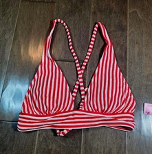 Red and White Striped Ribbed Bikini Top