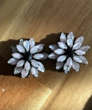 Schreiner VTG Pink Opaline Navette Flower Earrings,  Clip-On