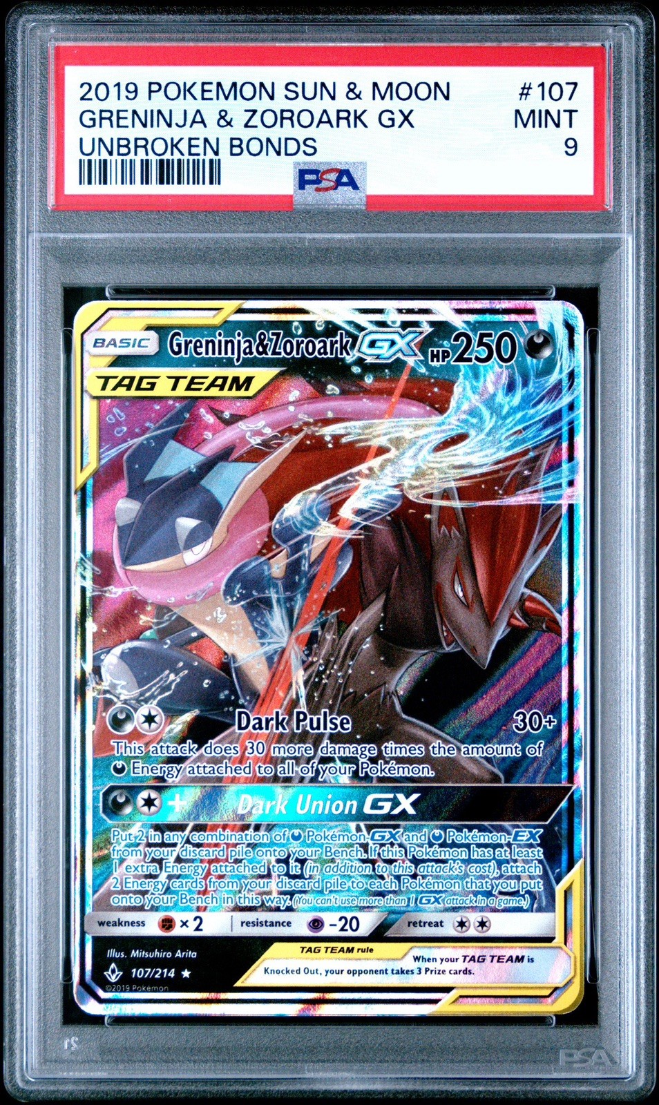 GRENINJA & ZOROARK GX 2019 POKEMON UNBROKEN BONDS RARE 107/214 PSA 9 