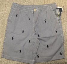 Polo Ralph Lauren Embroidered Blue White Striped Shorts Kids 14 NWT Pony Flaw