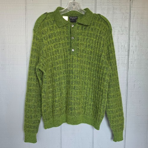 Gucci, Gucci Vintage Green Mohair Blend Waffle Knit Polo Sweater Made in Italy Men Sz M