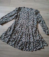 George Black Floral Frilled Smock Dress Flared Party Holiday Boho Retro UK14