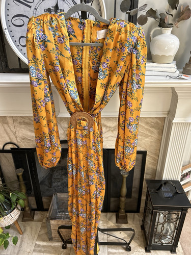 $750 BRONX & BANCO Hanna slit leg golden yellow floral cutout jumpsuit US 6 / M - Picture 4 of 10