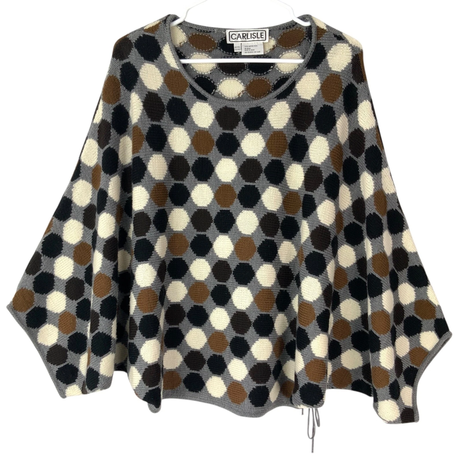 Carlisle Honeycomb Grey Geometric Wool Poncho M/L Side Tie Crew Neck Cape Knit