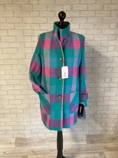 New Ladies Pink And Green Check Pure Wool Harris Tweed Funnel Neck Coat Size 14
