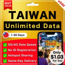 [ eSIM ] Taiwan Only $1.03 / Day 5G 4G 1 to 30 days ✨Same-Day Delivery | Lot Ok