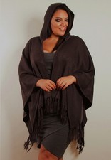 Hooded Shawl Wrap Cape Plus Size Fringed NEW YORK LOOK Acrylic Brown Red Beige