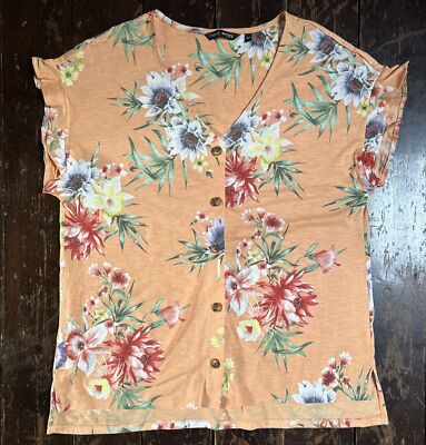 NEXT PETITE Peach TROPICAL Floral Print Button Front Ruffle Sleeve Cotton Top L