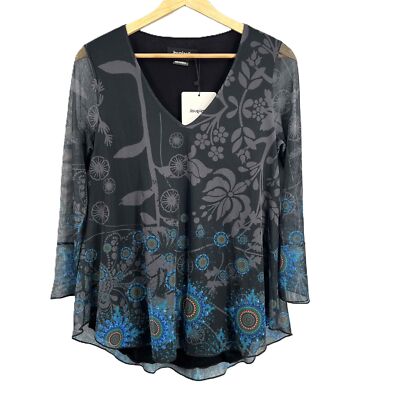 Desigual Blue Rhinestone Detail Sheer Mesh Bell Sleeve Blouse US XS / EU S New