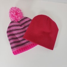 Toddler Girls 2 Winter Knit Hats -1 Dark Pink  One Pink White Black Strips
