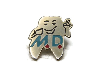 Vintage MD Dental Tooth Mascot Pin Flexing Muscles Gold Tone Enamel Lapel Pin