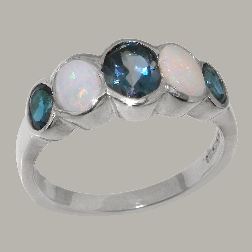 Solid 10k White Gold Natural London Blue Topaz Opal Womens Band Ring