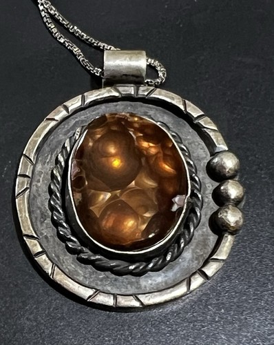 Sterling Fire Agate Pendant Necklace Vintage - Picture 1 of 22