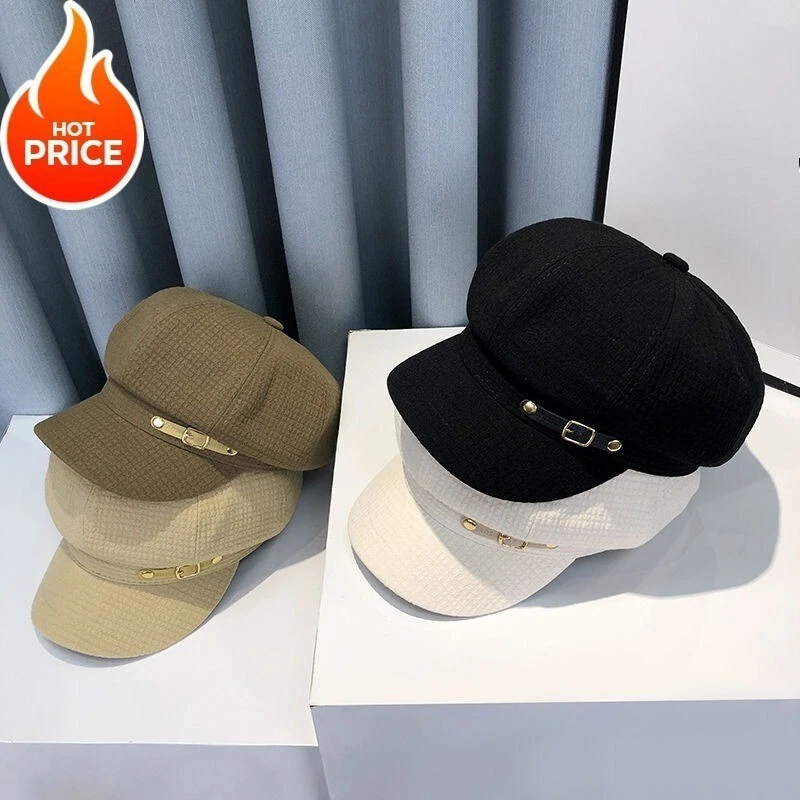 Korean Style Women Beret Hat Buckle Design Small Face Cap for All Seasons