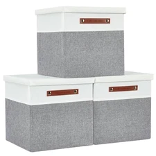  Storage Basket with Lid, Storage Cubes with Handles, Cube 13" Grey and White